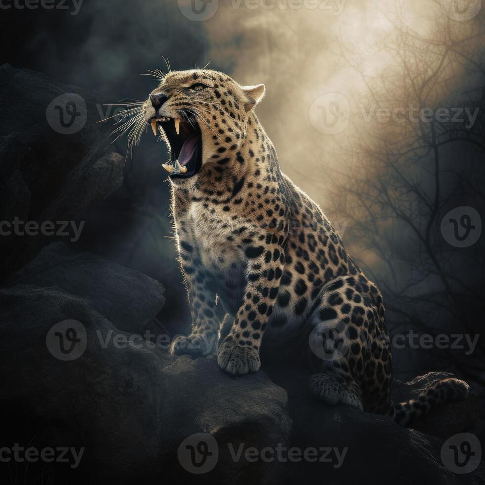 leopard roaring on the rock image photo