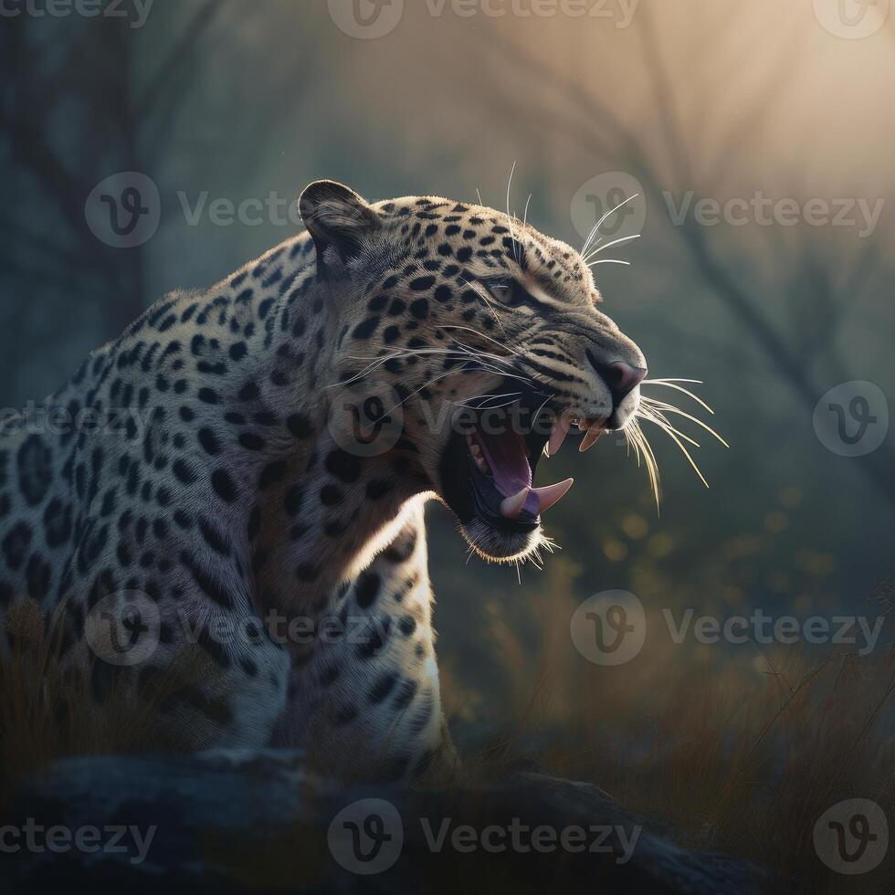 Close up of leopard roaring in the forest photo