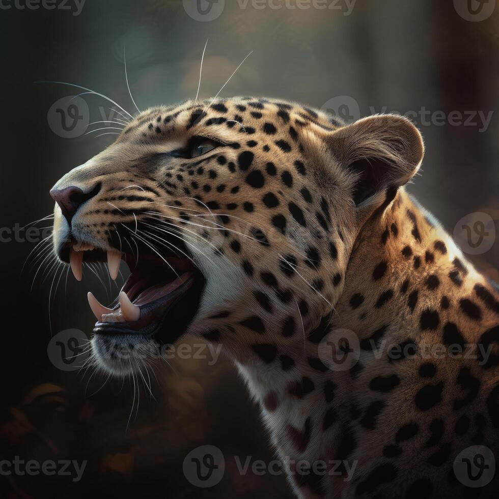 cerca arriba de leopardo rugido generativo ai foto