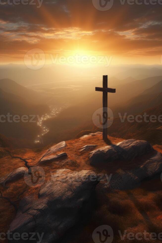 The cross and sun risen over the valley photo