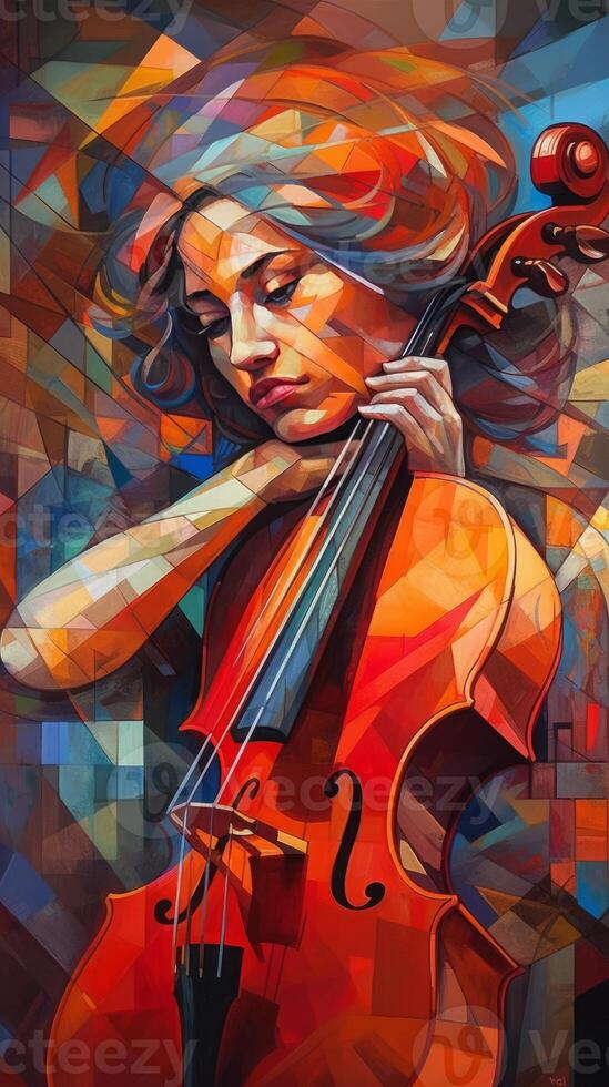 Woman playing guitar colorful cello colorful painting photo