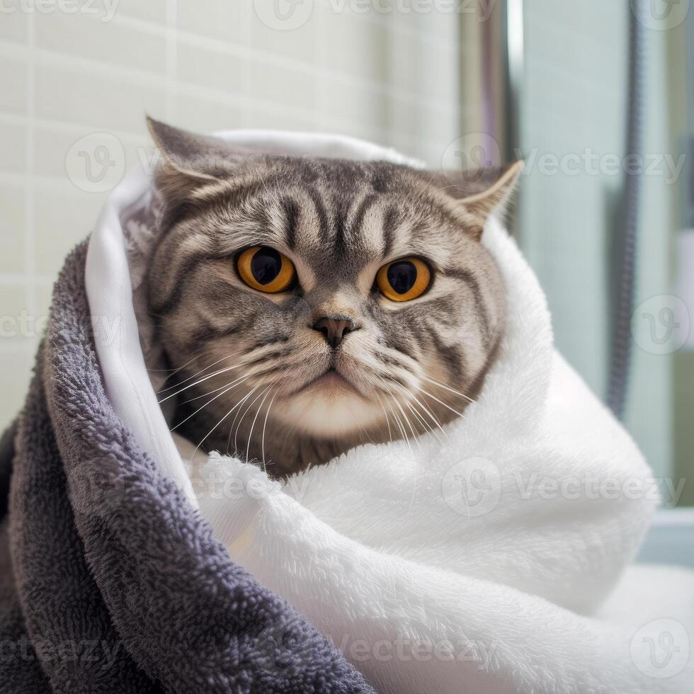 Fold cat cuddled in big towel close up photo