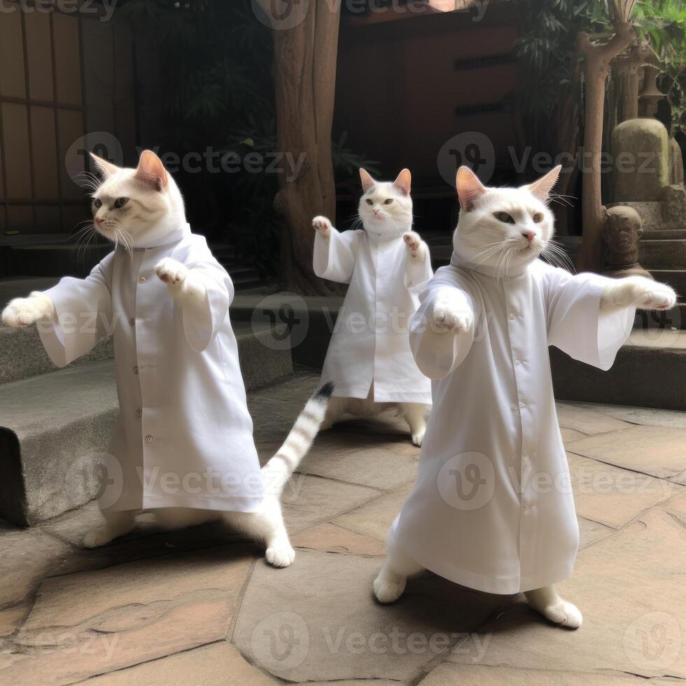 Three cats wearing human tunics playing Tai Chi photo