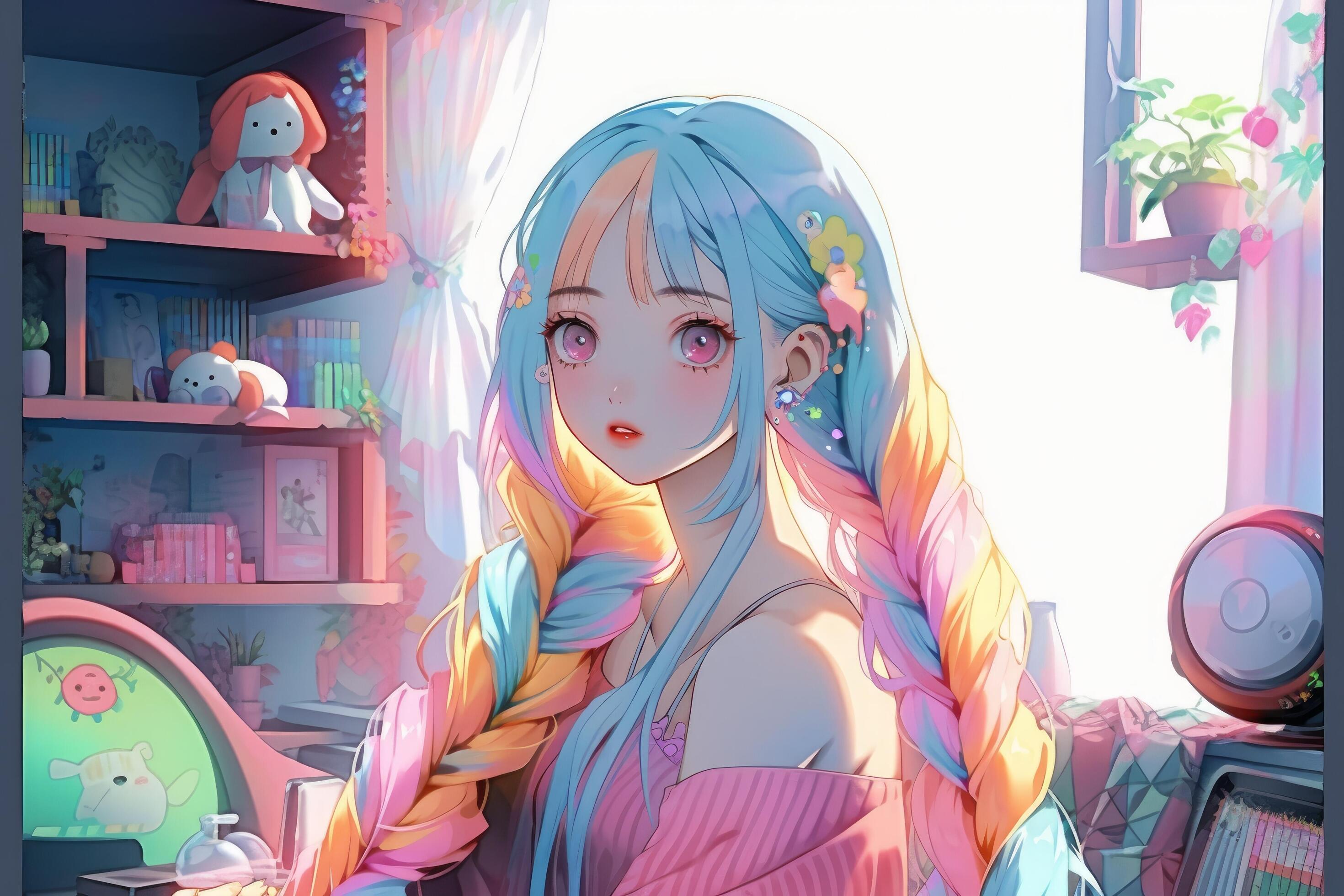 Beautiful kawaii anime girl. Generative AI Stock Illustration