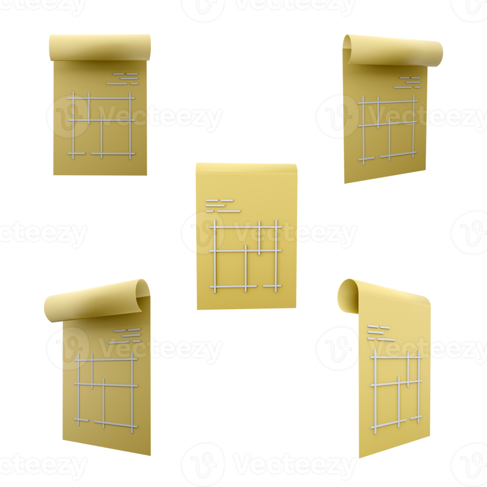 3d rendering blueprint house plan drawing icon set. 3d render project documentation, which specifies the location of the main load-bearing structures of the house different positions icon set. png
