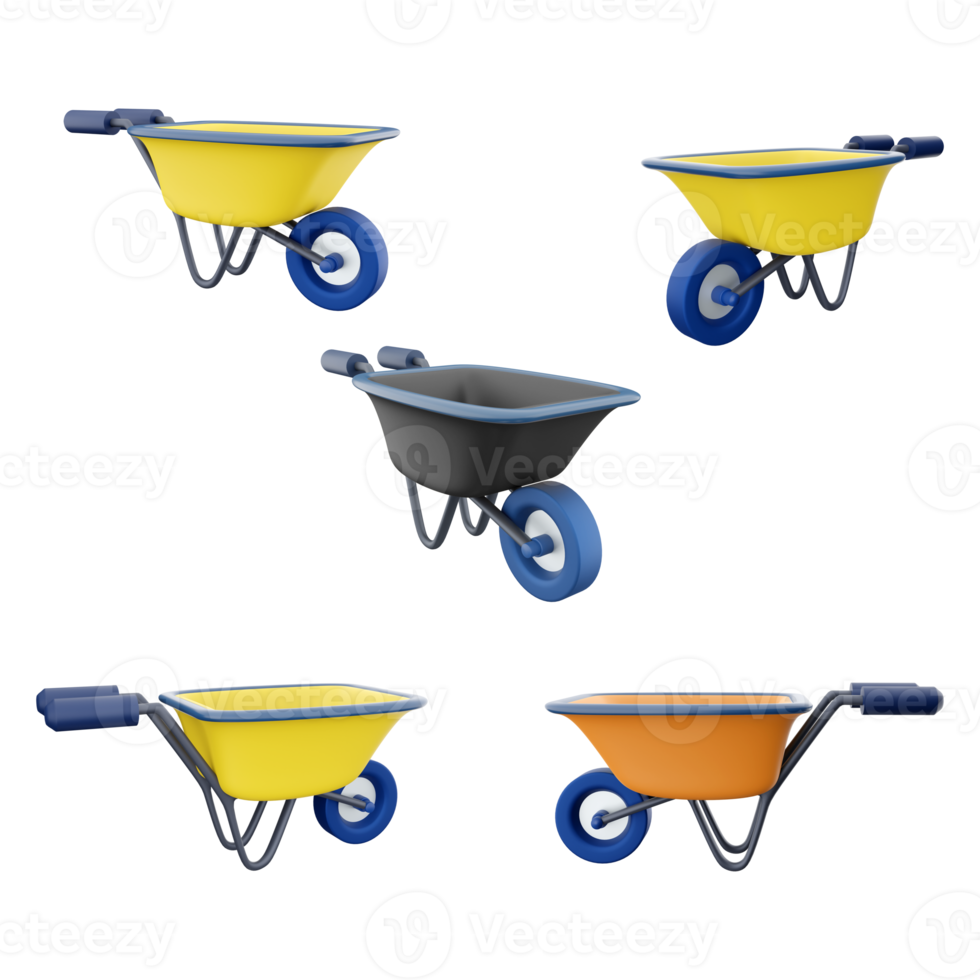 3d rendering wheelbarrow with blue handles icon set. 3d render Handcart in the form of a box on one wheel different positions icon set. png