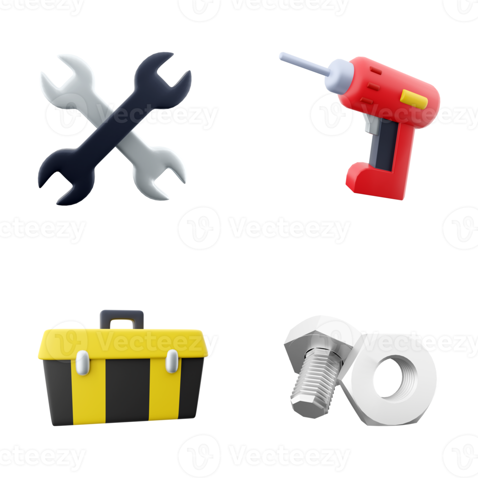 3d rendering nuts and bolts, tool box, electric screwdriver, two wrenches icon set. 3d render construction concept icon set. png