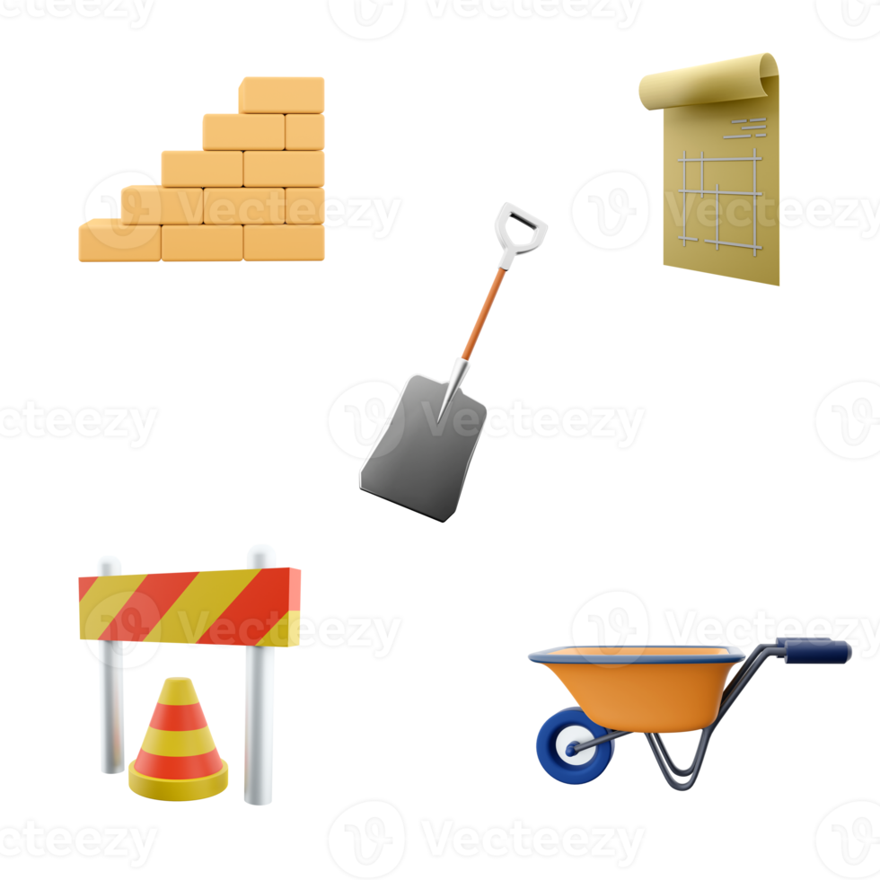 3d rednering shovel, brick stair, wheelbarrow, house plan drawing, warning barrier icon set. 3d render construction concept icon set. png