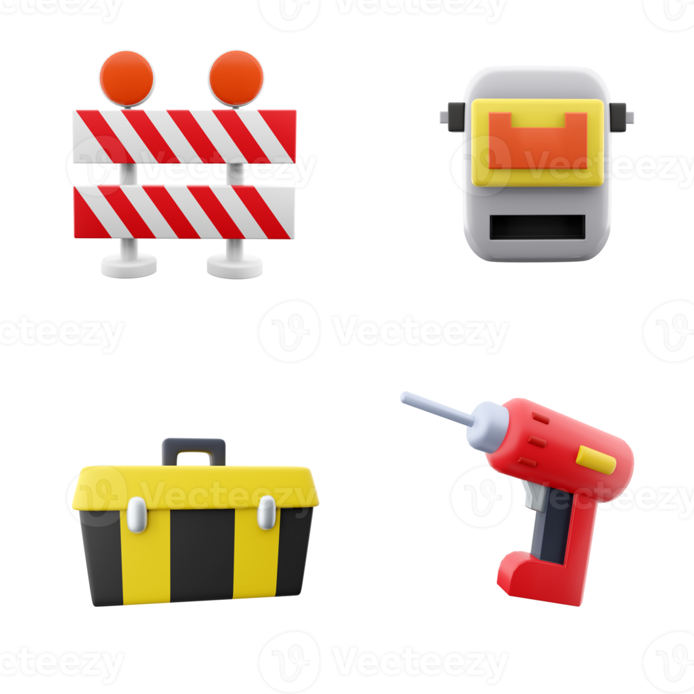 3d rendering warning barrier, tool box, electric screwdriver, welding mask icon set. 3d render construction concept icon set. png