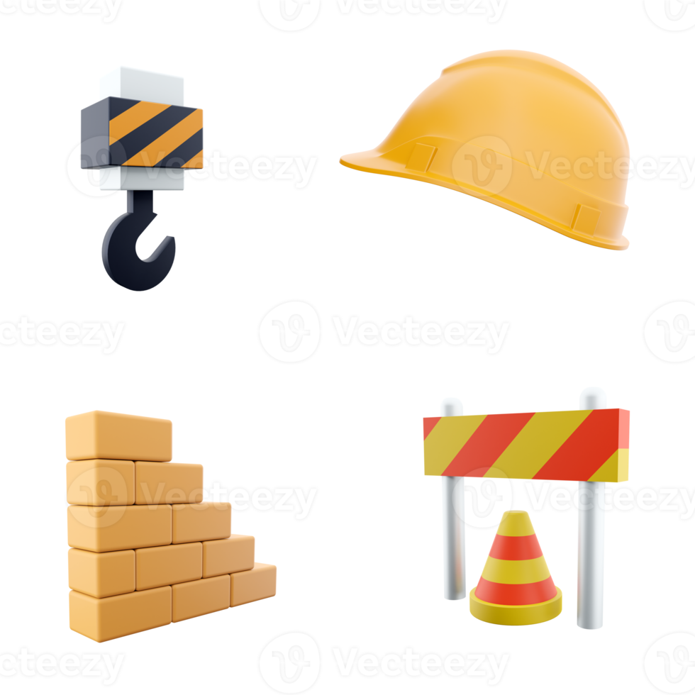 3d rendering tower Crane, brick stair, construction helmet, road barriers icon set. 3d render construction concept icon set. png