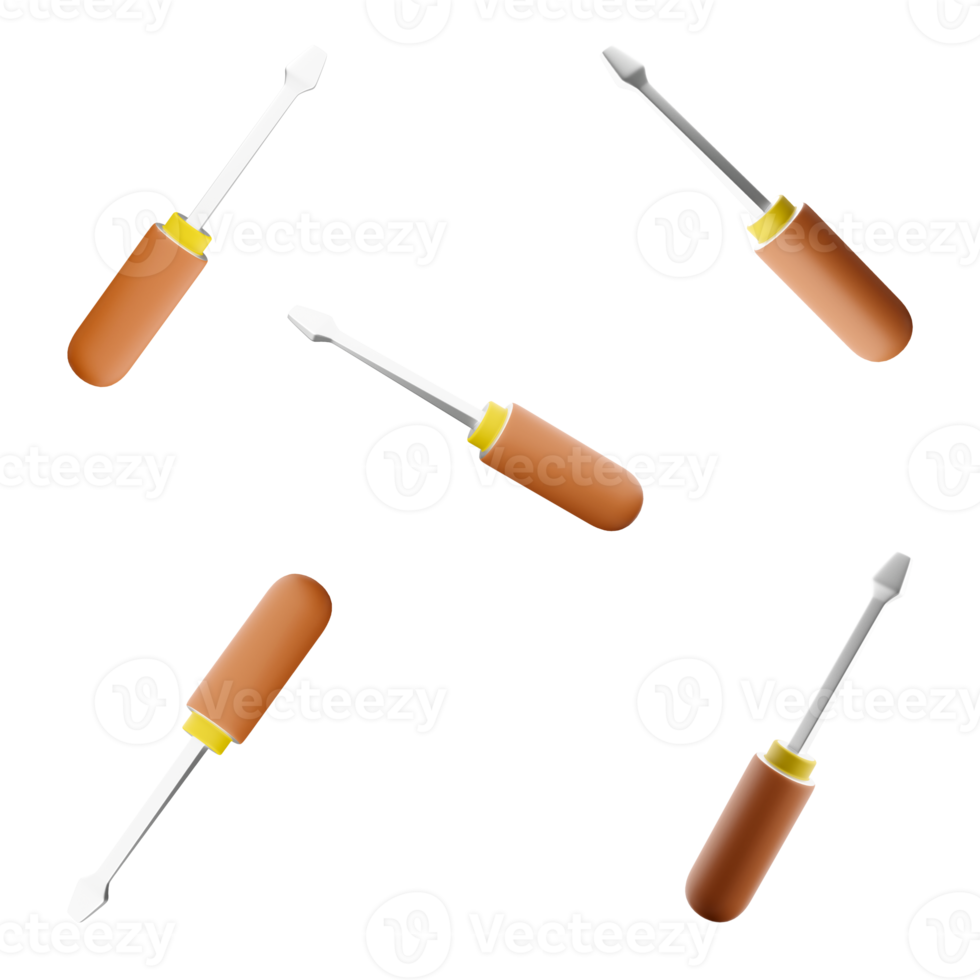 3d rendering orange screwdriver icon set. 3d render Tool for screwing and unscrewing screws different positions icon set. png