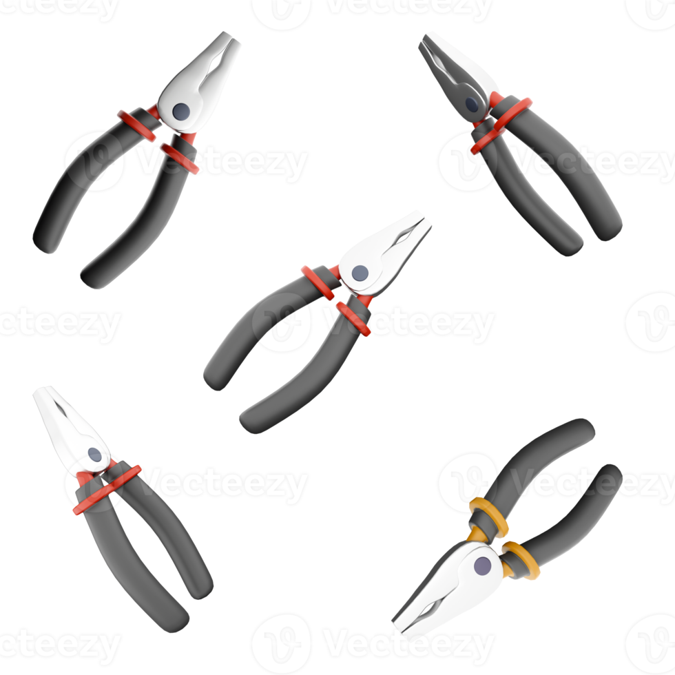 3d rendering Pliers red and black colors icon set. 3d render Pincers, the gripping part of which has a flat inner surface different positions icon set. png