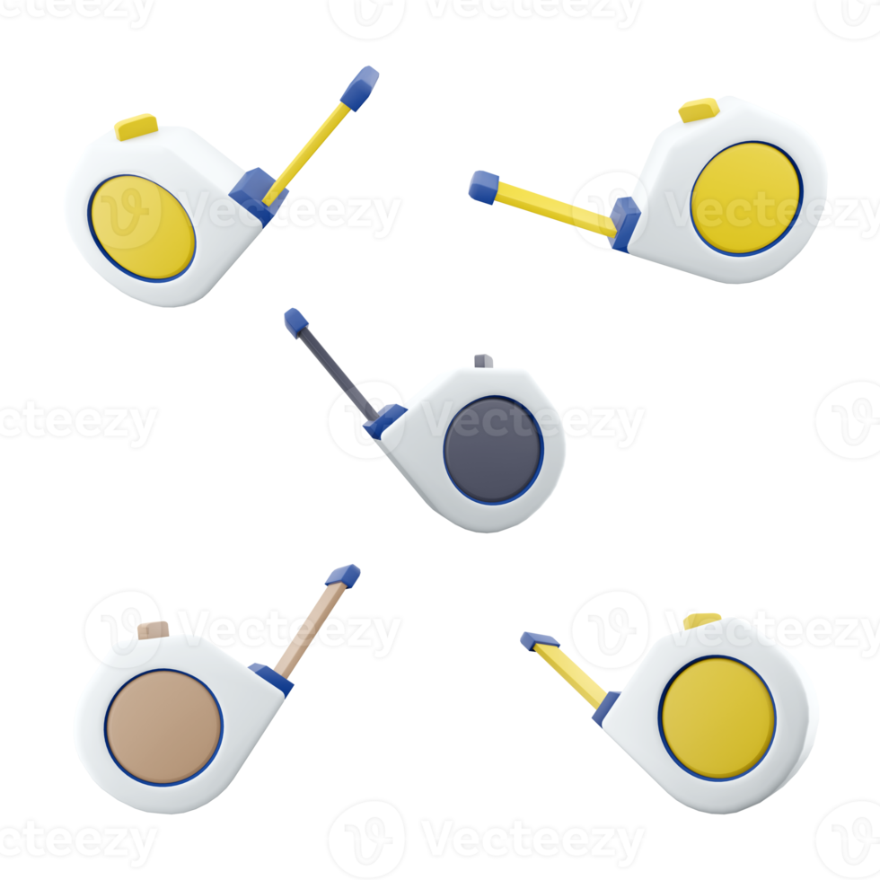 3d rendering measuring tape tool icon set. 3d render used for measuring and marking work on large areas different positions icon set. png