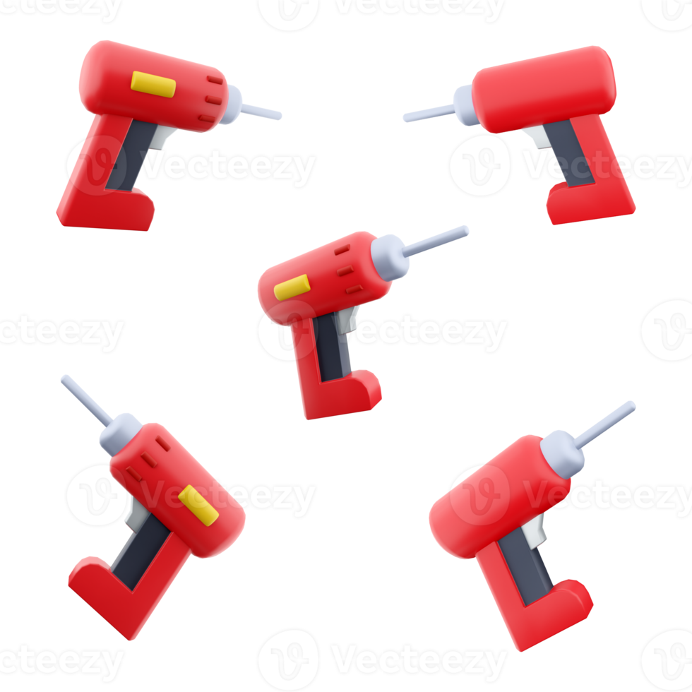 3d rendering red electric screwdriver icon set. 3d render hand-held power tool with adjustable torque and depth of screwing, designed for screwing and unscrewing different positions icon set. png