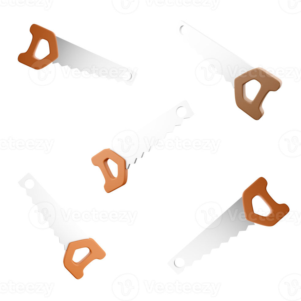 3d rendering hand saw icon set. 3d render carpentry and joinery tools designed for sawing wood different positions icon set. png