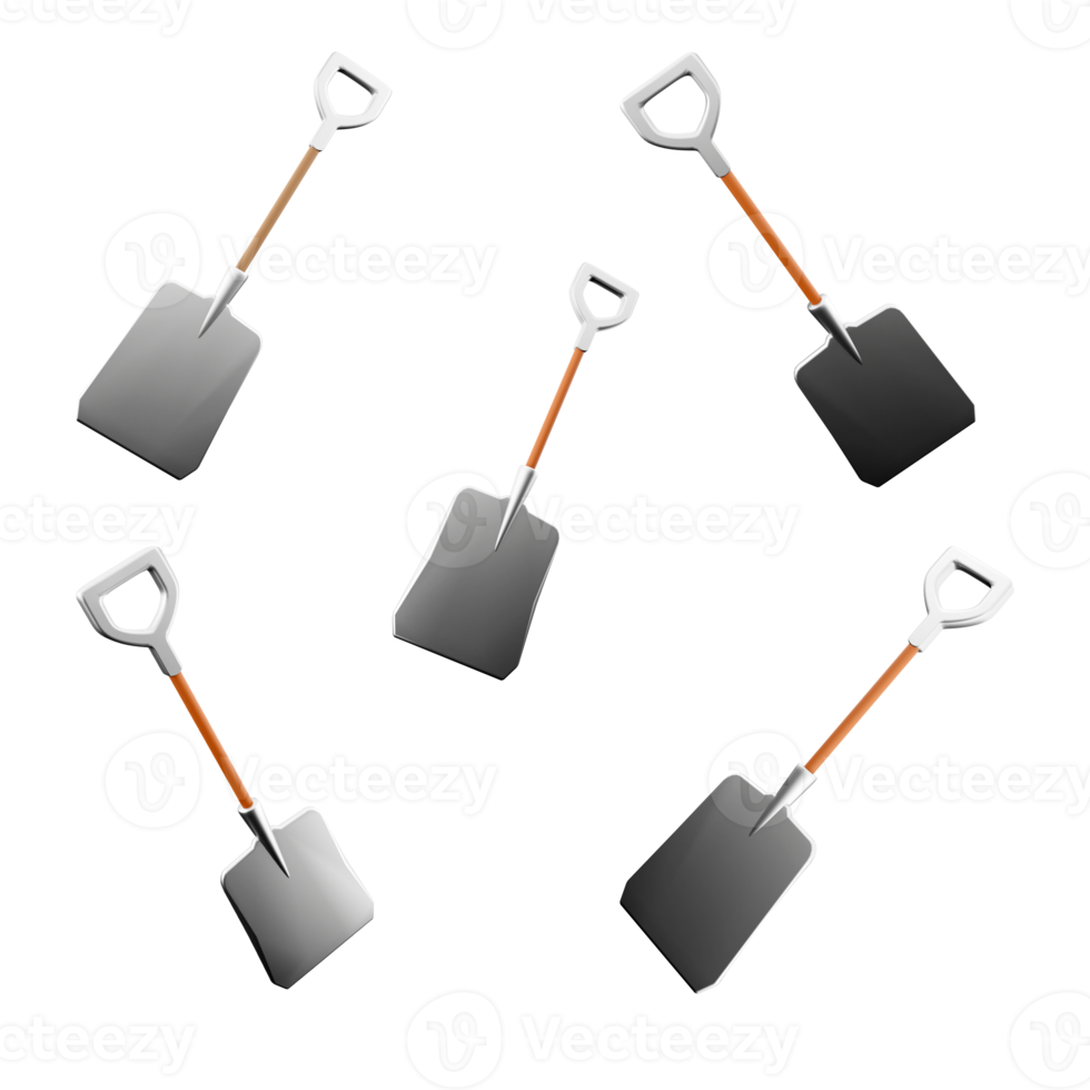 3d Rendern Schaufel Symbol Satz. 3d machen graben Werkzeug mit ein lange Griff und ein breit eben geschliffen Ende anders Positionen Symbol Satz. png