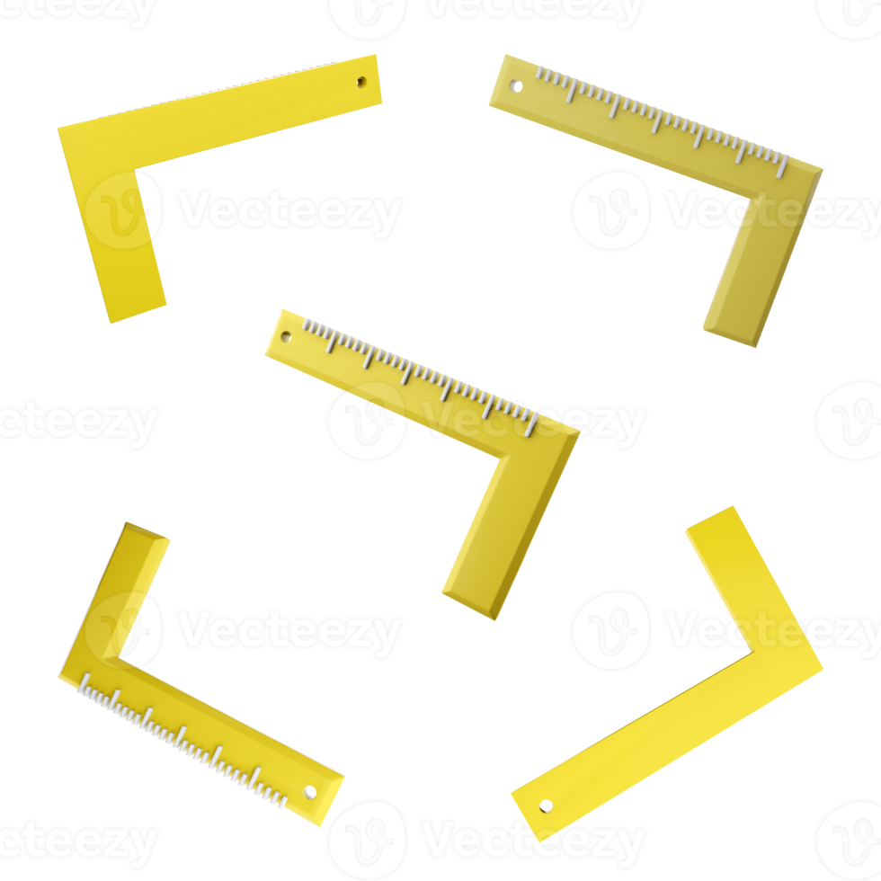 3d rendring Iron ruler with angle bar, set square icon set. 3d render ruler made of metal or wood in the shape of a triangle for drawing an angle, a cross section different positions icon set. png