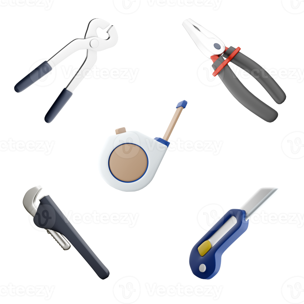 3d rendering pliers, straight pipe wrench, construction tongs, measuring tape, stationery knife with a blade icon set. 3d render construction concept icon set. png