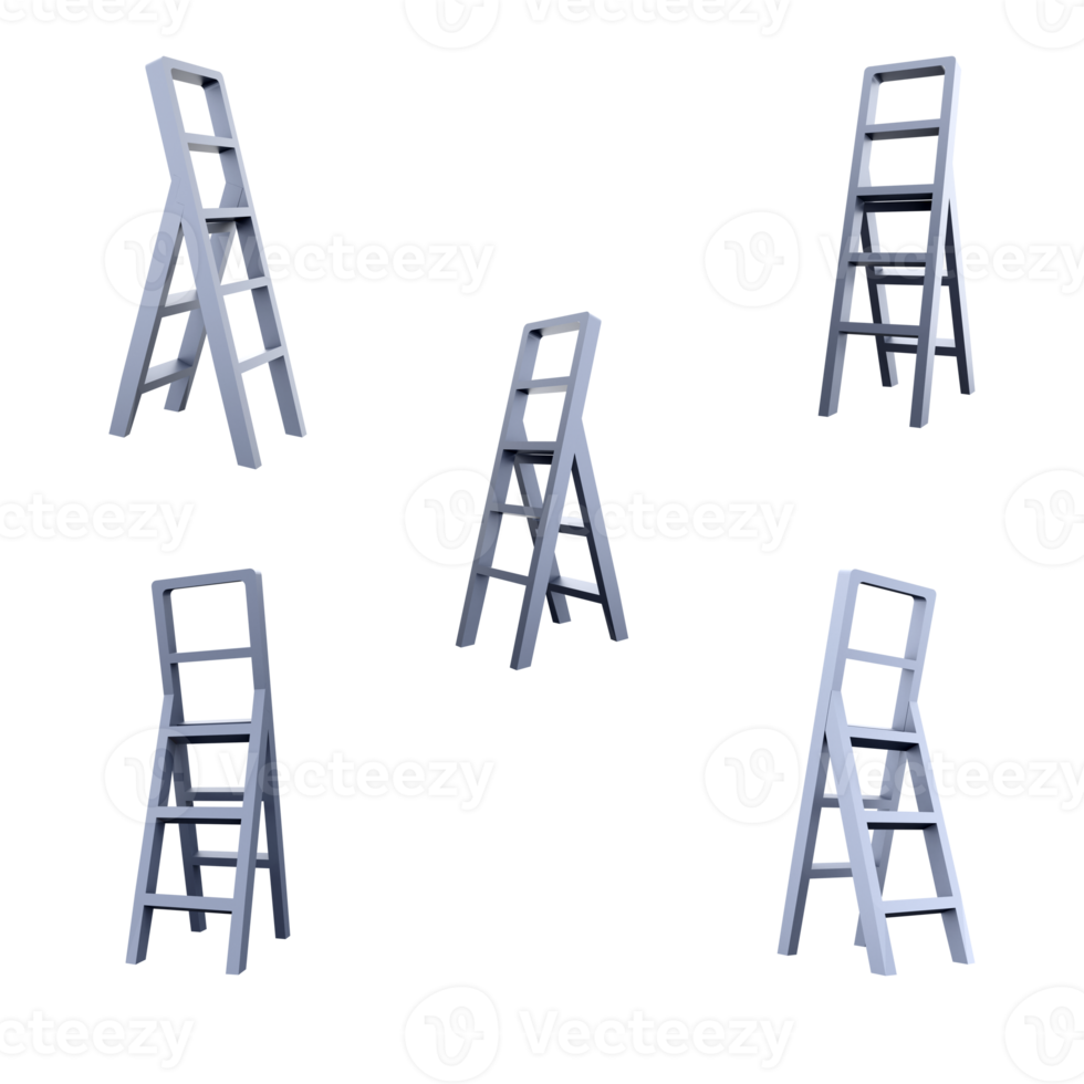 3d rendering construction ladder icon set. 3d render convenient equipment consisting of several sections interconnected by hinged mechanisms with locks different positions icon set. png