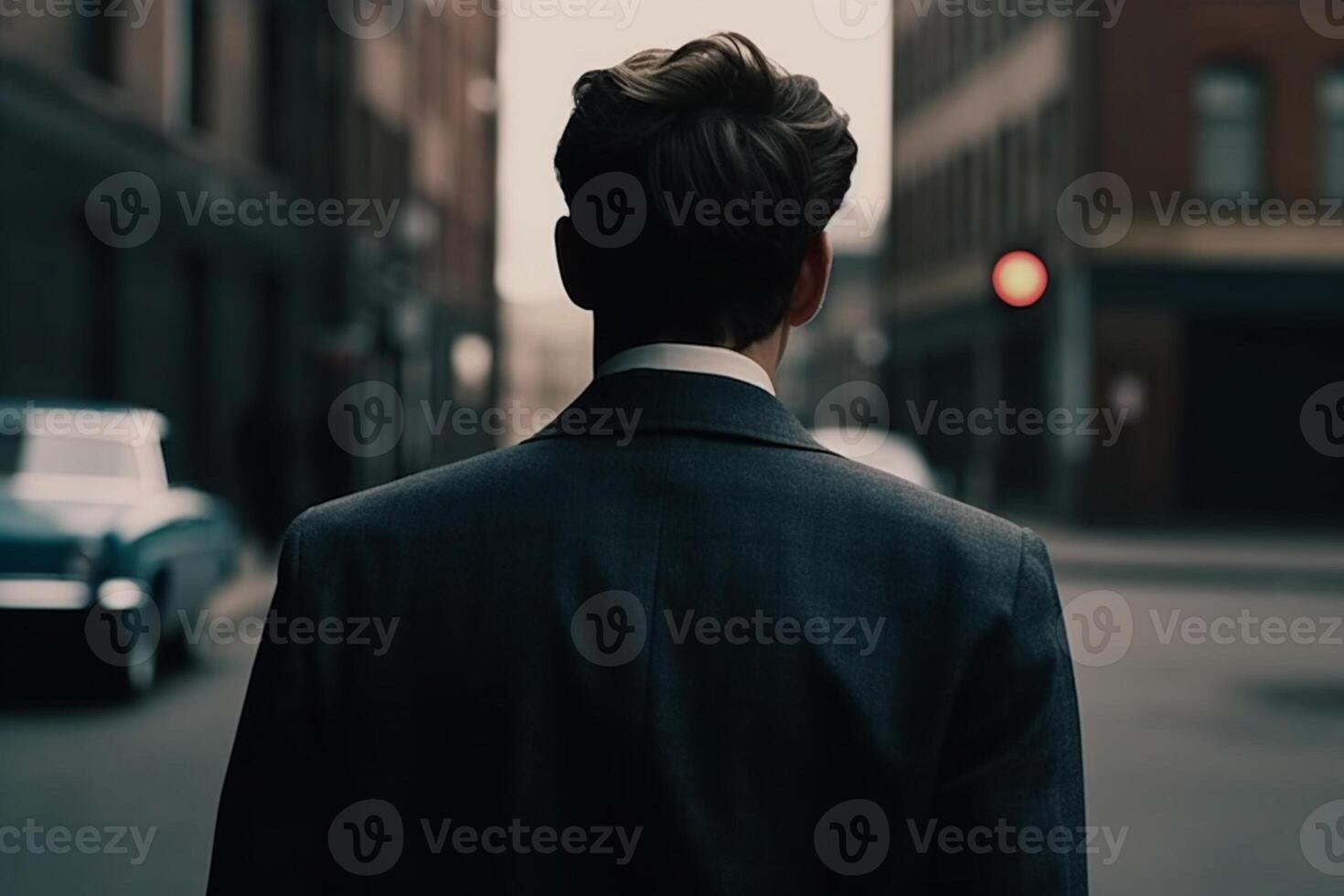 Back view of young businessman in suit looking away while walking on street photo