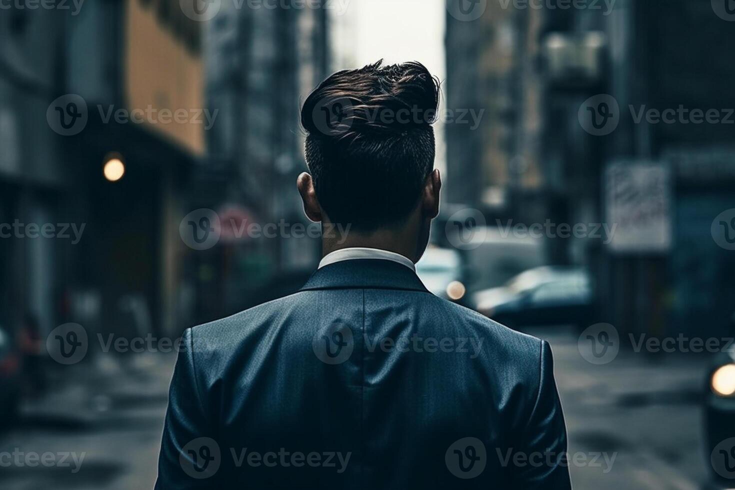 Back view of young businessman in suit looking away while walking on street photo