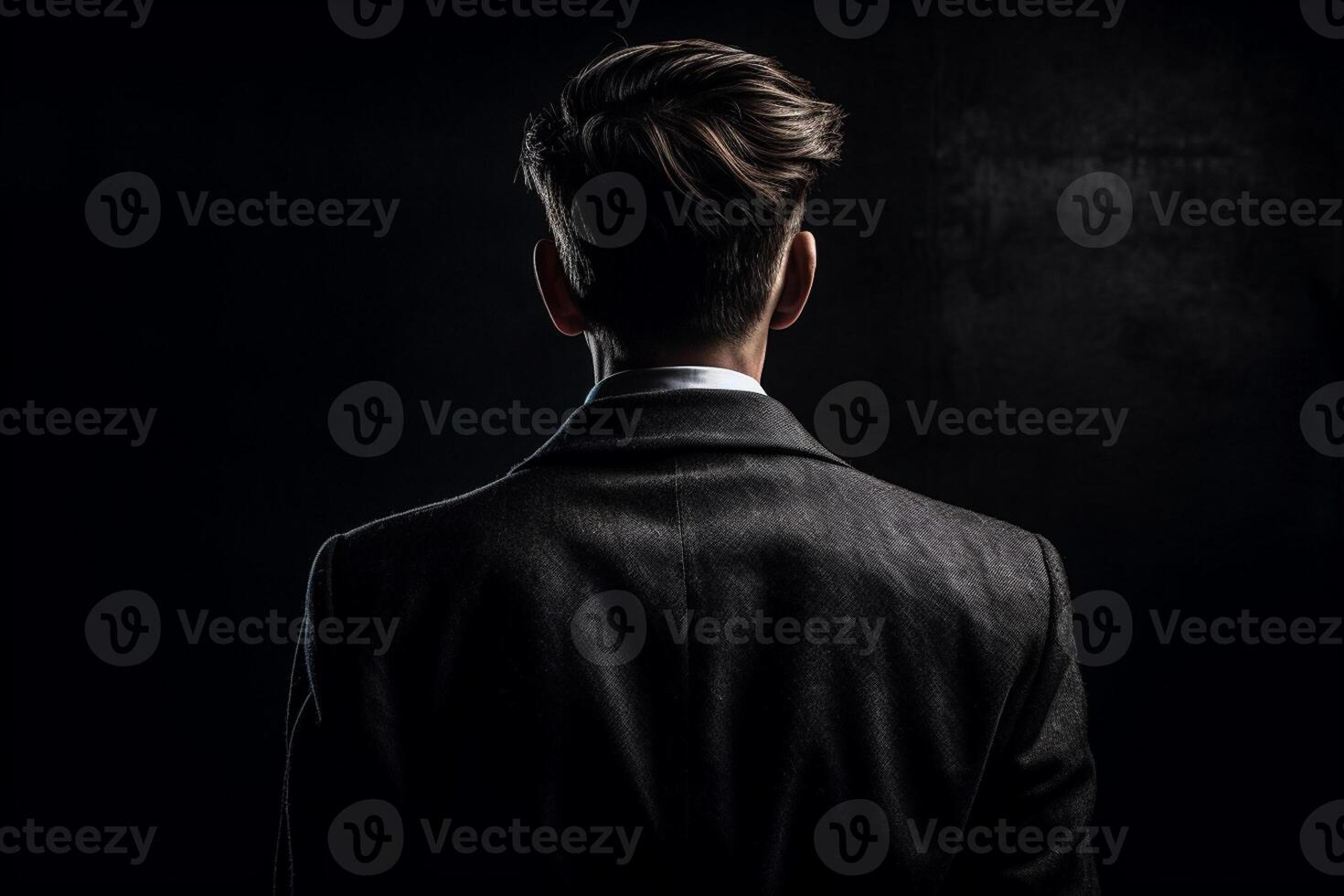 Back view of young businessman in suit looking away while walking on street photo