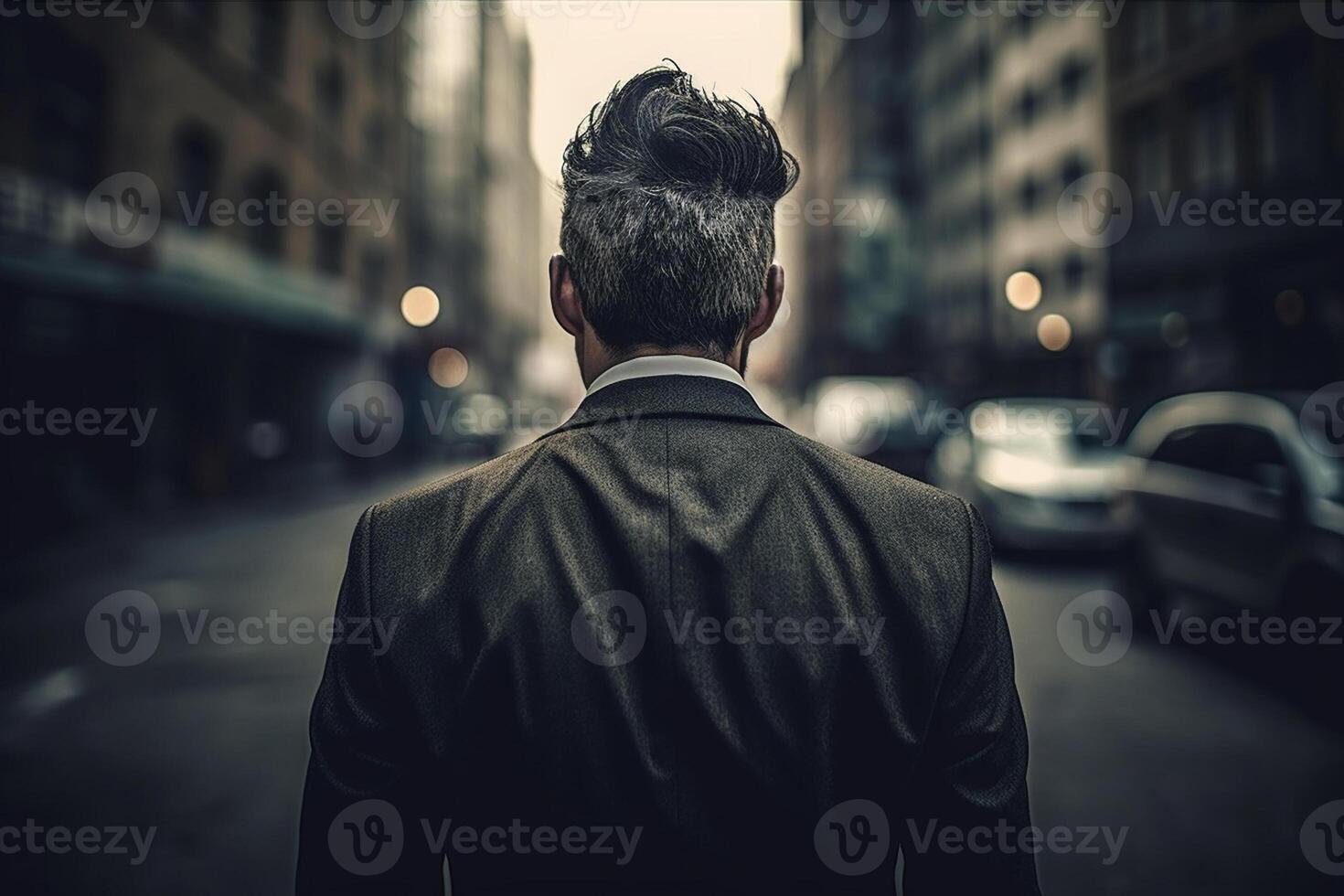 Back view of young businessman in suit looking away while walking on street photo