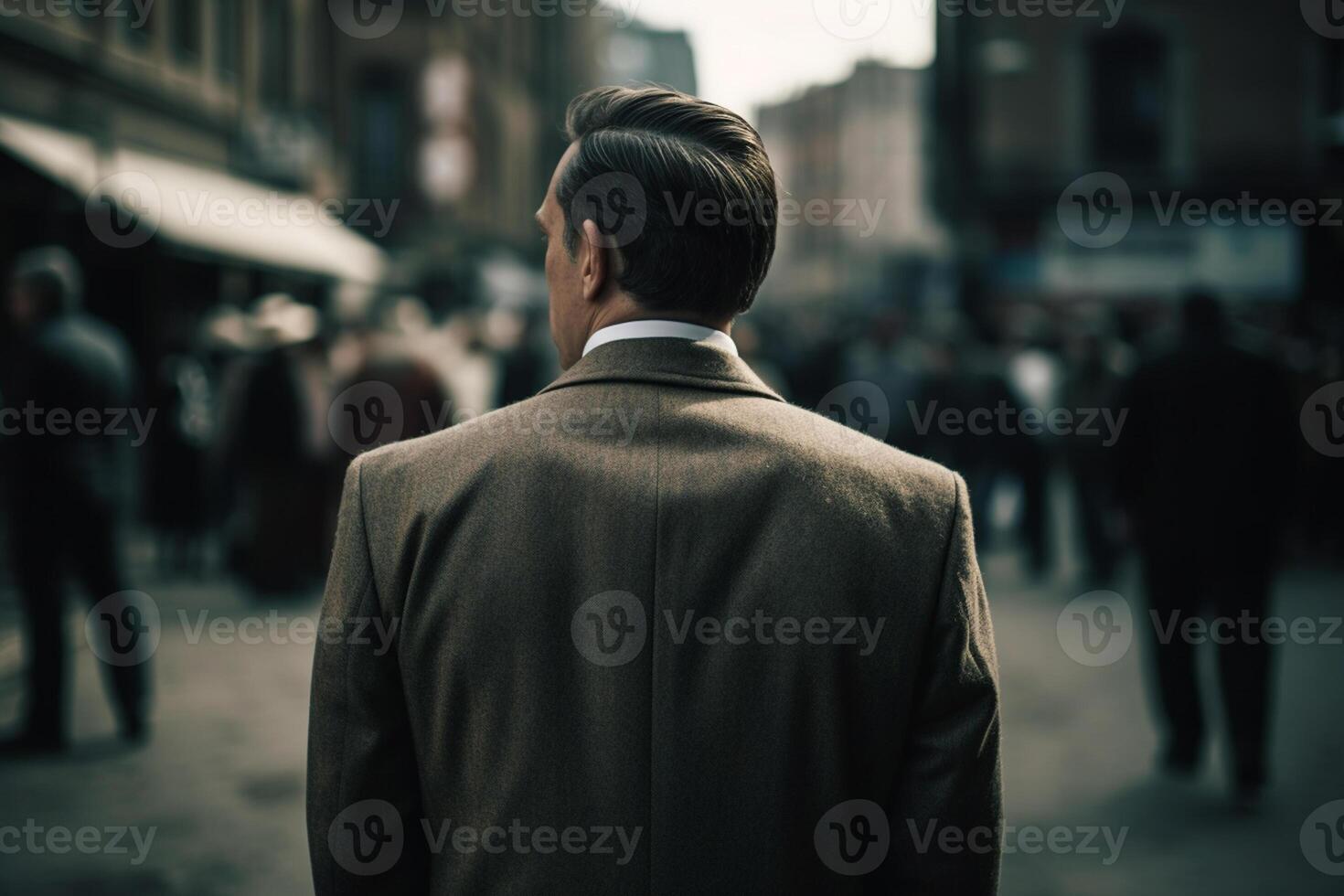 Back view of young businessman in suit looking away while walking on street photo