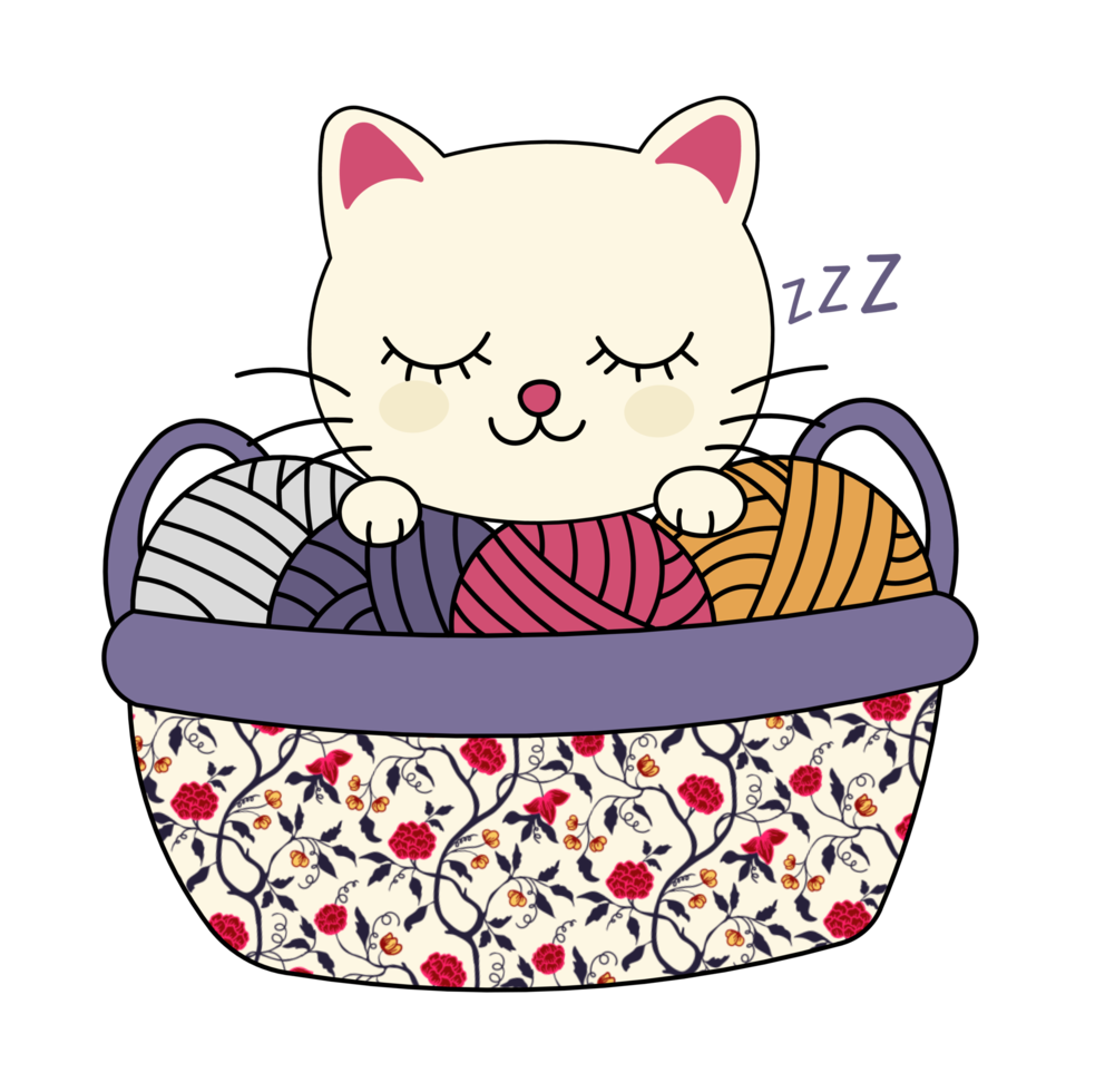Cute cat sleeping in basket with yarn balls png