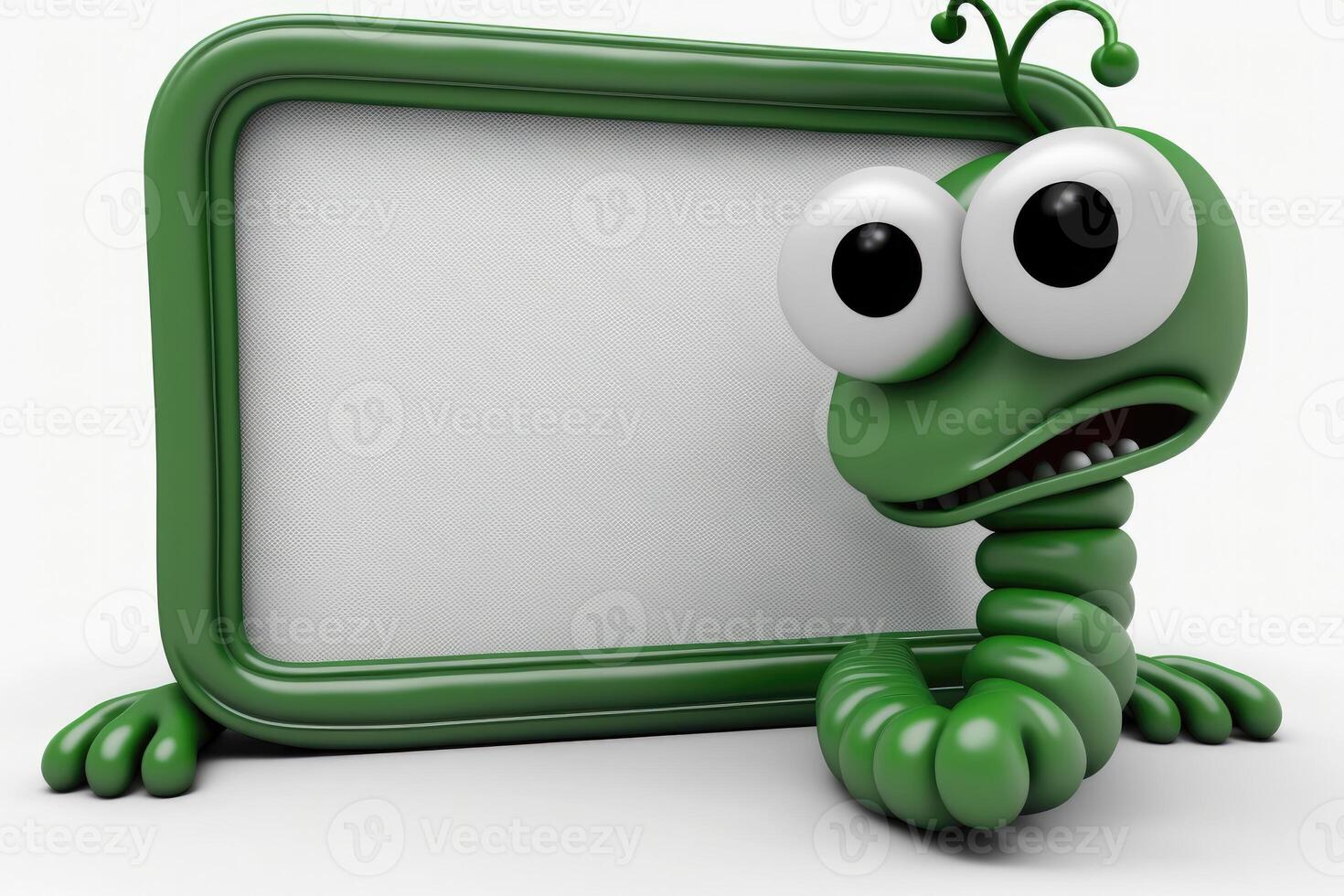 3D green worm cartoon holds whiteboard. photo