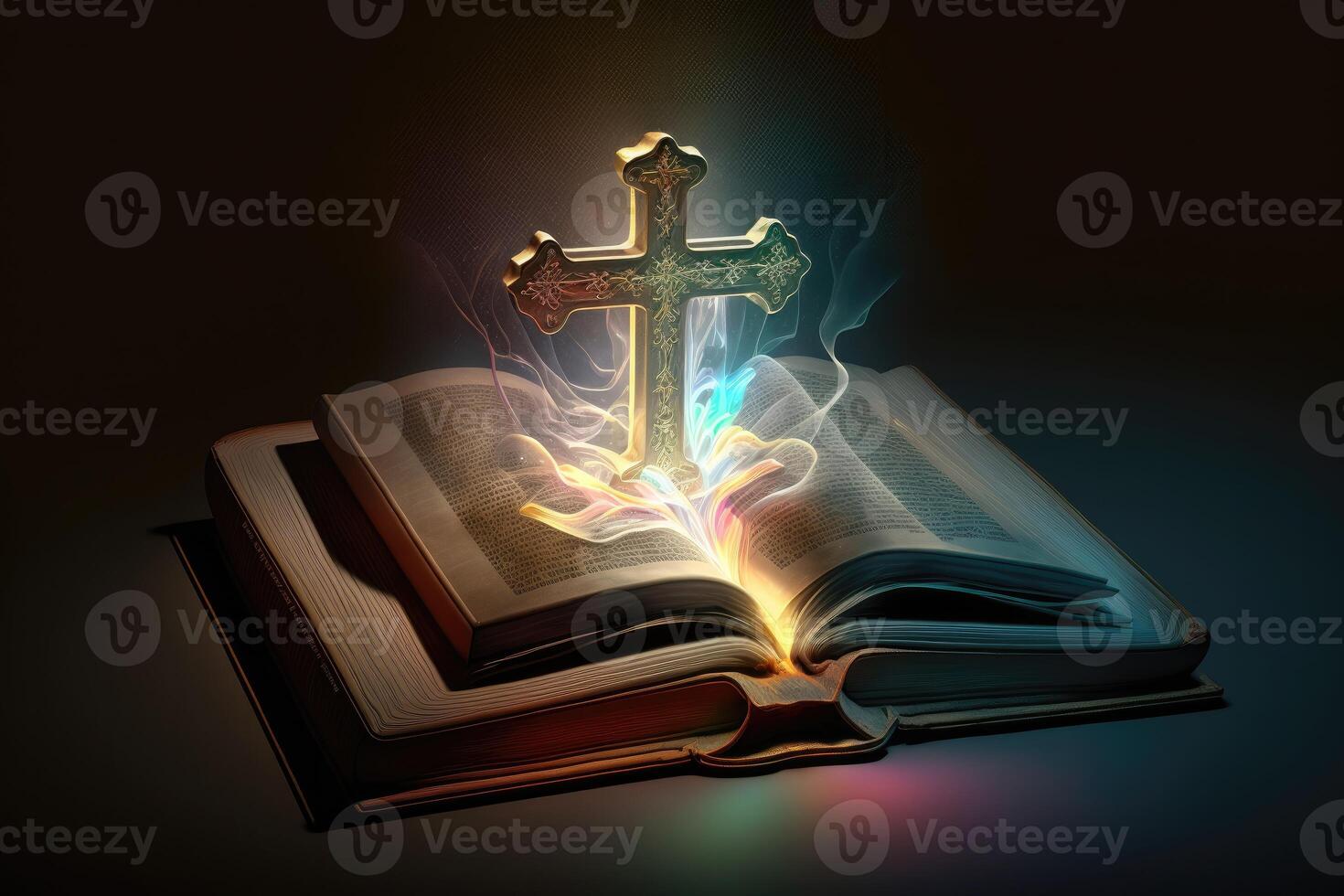 3D crucifix on bible book aura light. photo