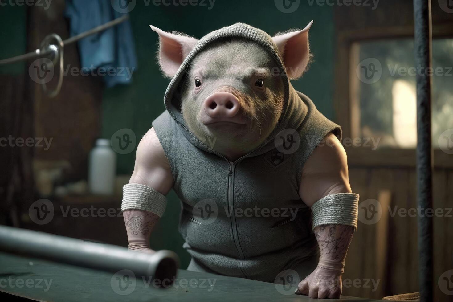 Pig wears workout cloth. Love health and fitness concept. photo