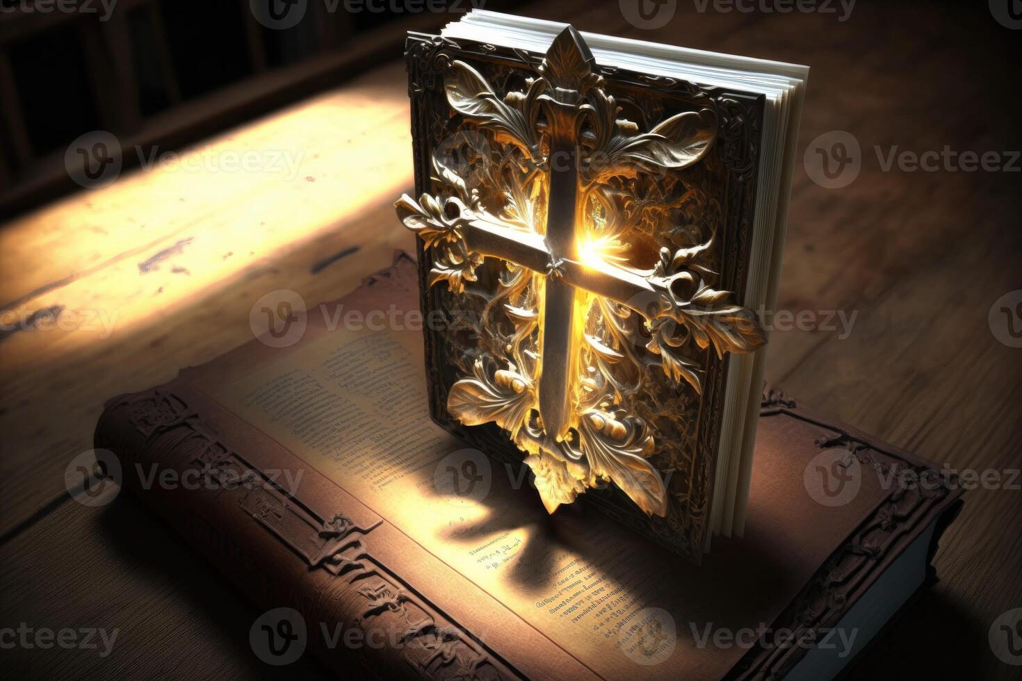 3D crucifix on bible book aura light. photo