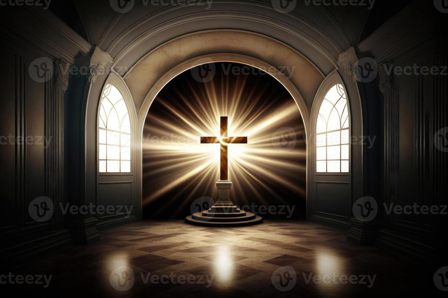 Christian church with a religious cross and aura light in the whole room. photo