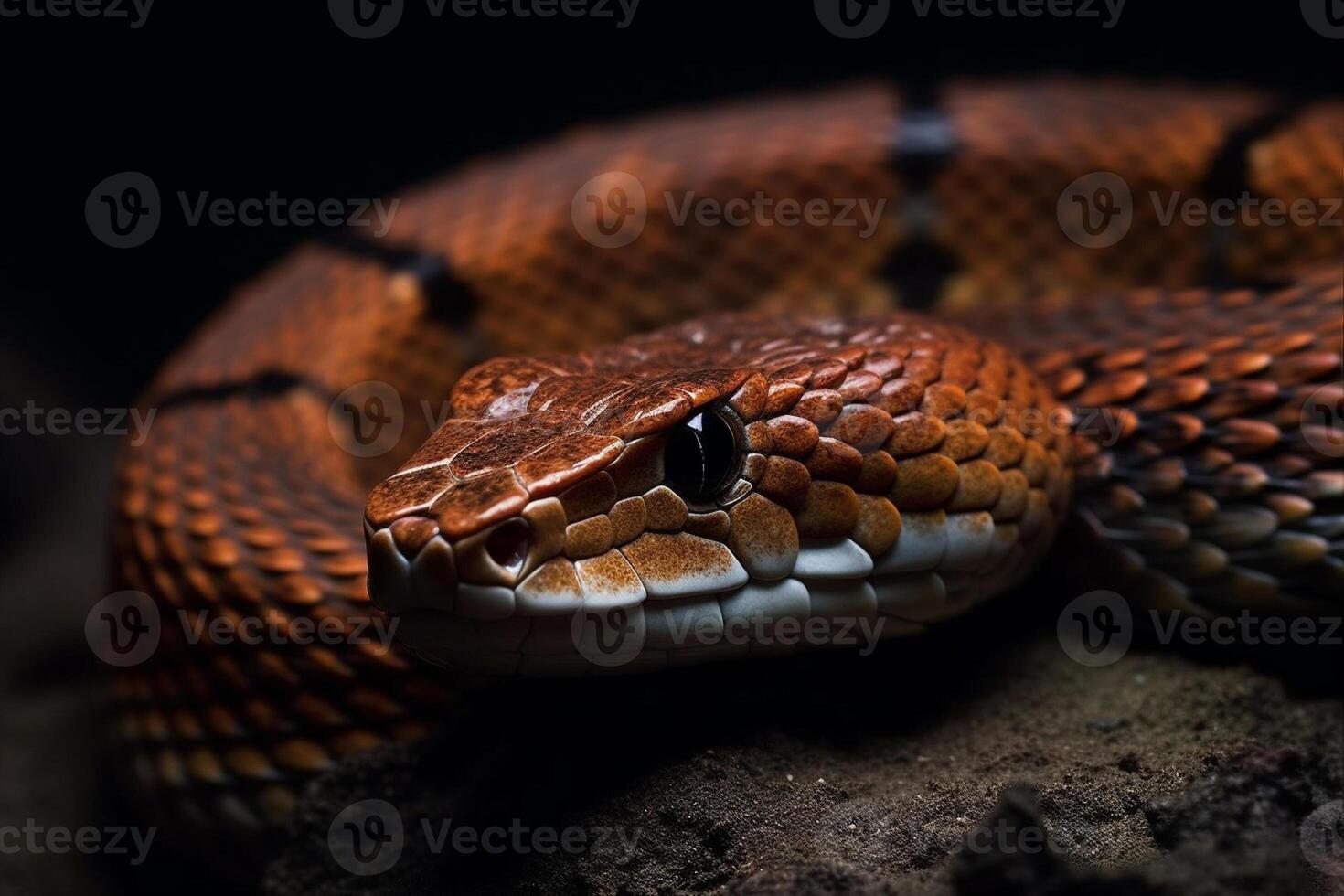 Close-up of the head of a snake on a dark background photo