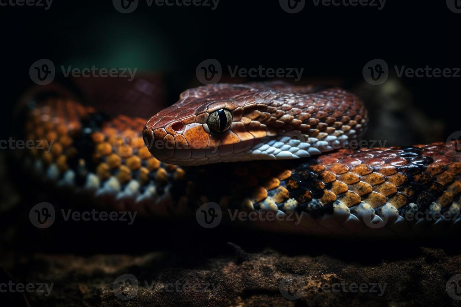 Close-up of the head of a snake on a dark background photo