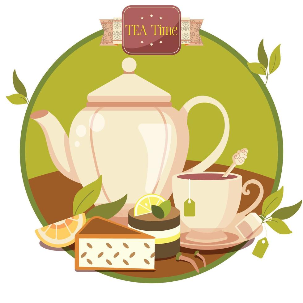 Teapot cup and chai set green tea vector illustration post
