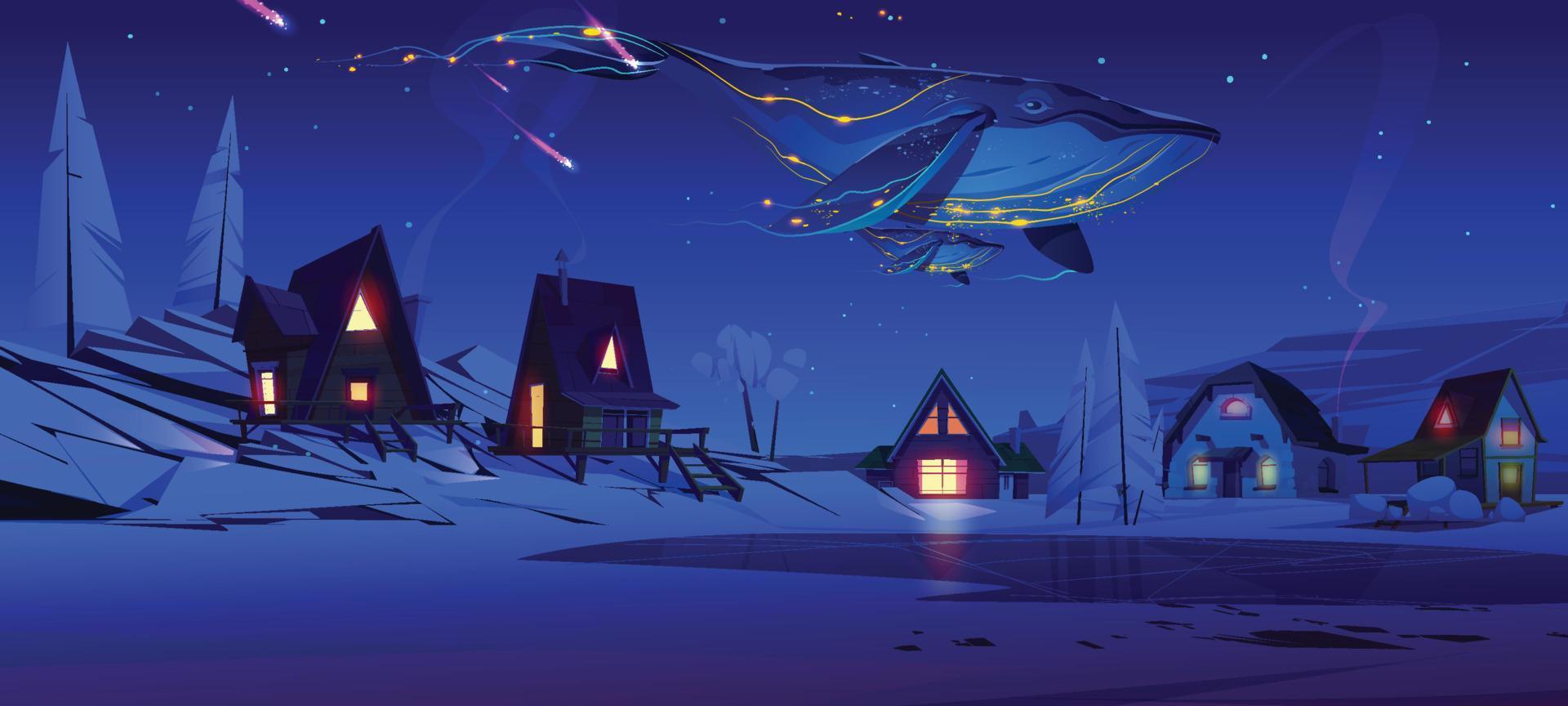 space whales flying over a town in snowy north valley fantasy illustration art vector