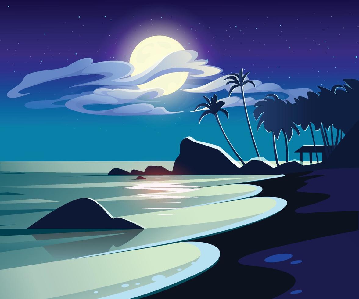 Beautiful night beach moon surreal landscape vector art design