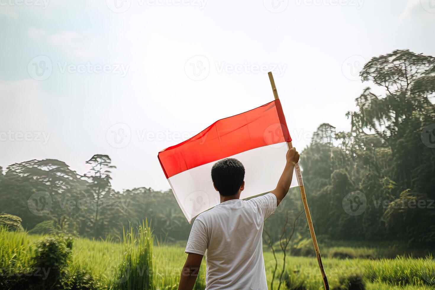 un hombre participación un rojo y blanco Indonesia bandera en parte superior de un lozano verde arroz campo. ai generado foto