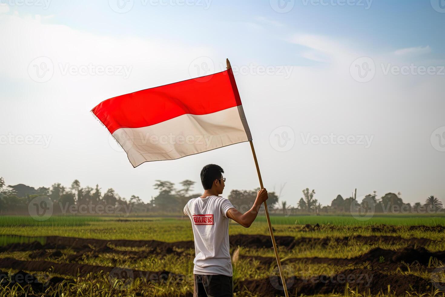 A man holding a red and white Indonesia flag on top of a lush green rice field. photo