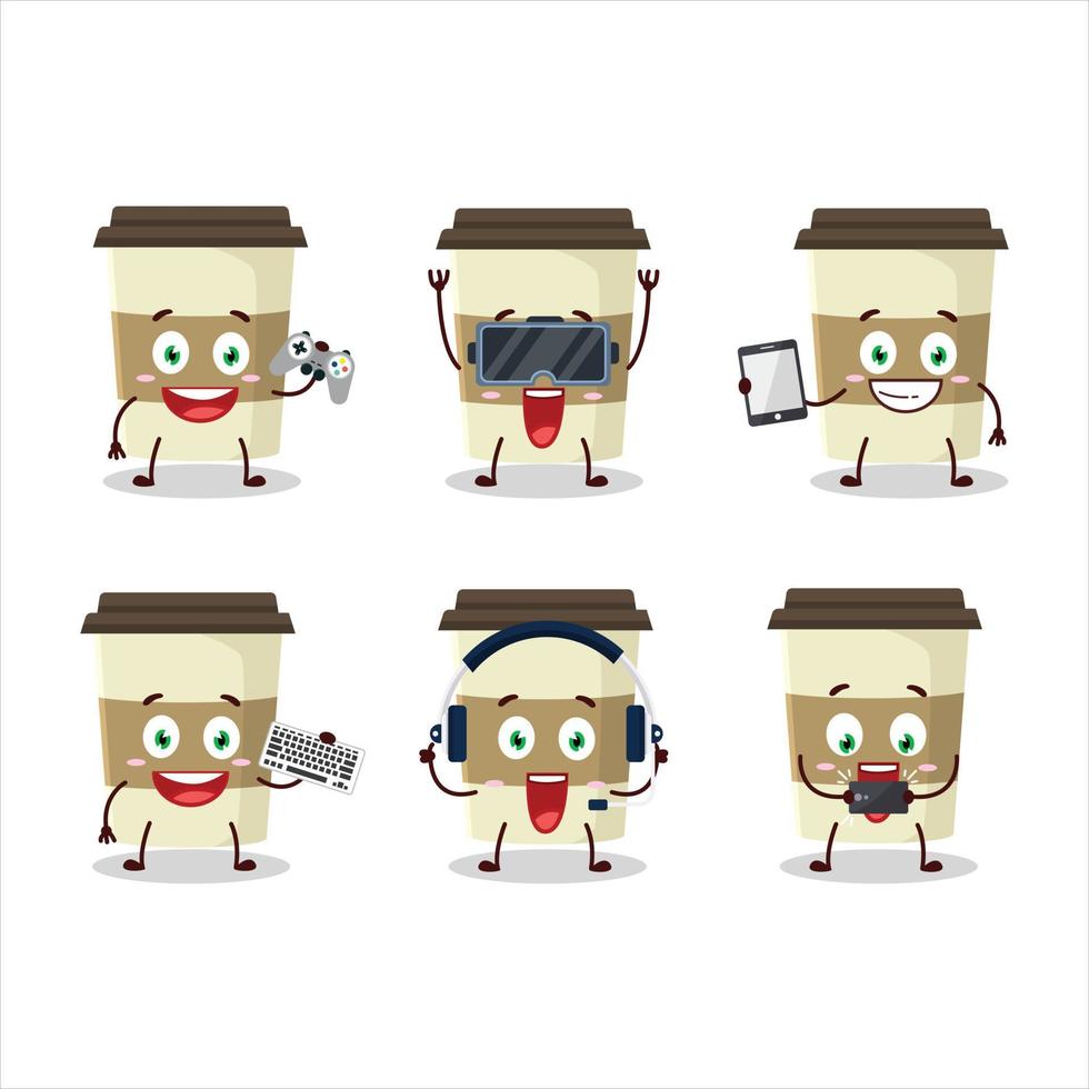 Coffee cup cartoon character are playing games with various cute emoticons vector