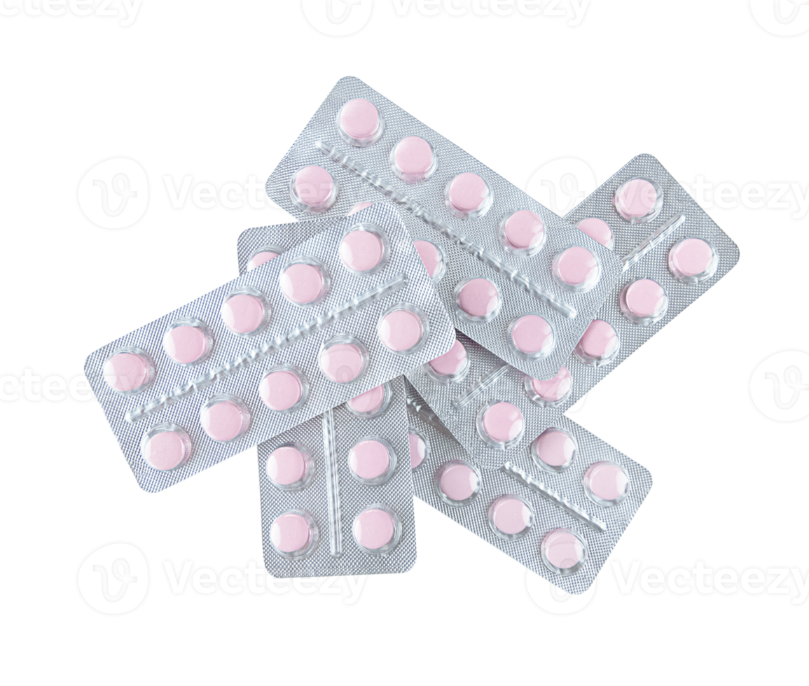 A bunch of pink tablets in blisters isolated on transparent background. png