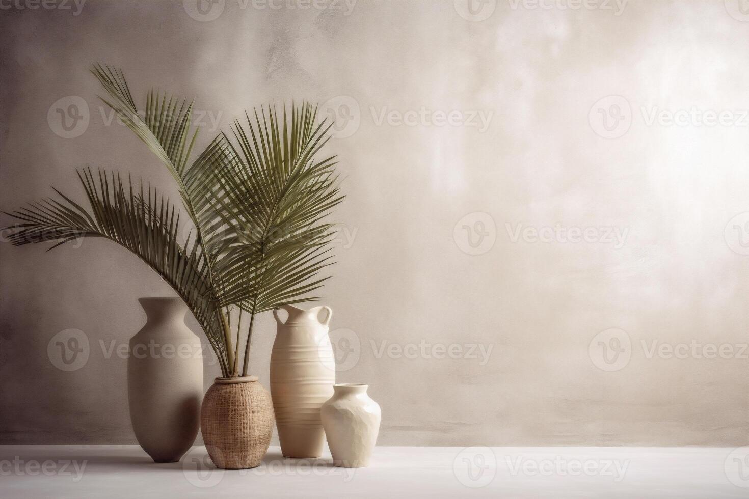 indoor view with pots and palm leaves photo