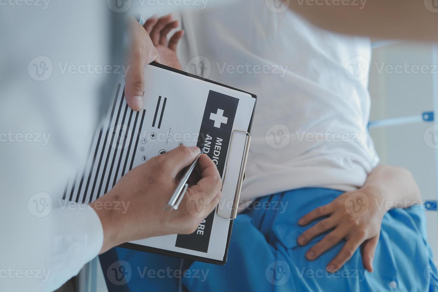 Injured patient showing doctor broken wrist and arm with bandage in hospital office or emergency room. Sprain, stress fracture or repetitive strain injury in hand. Nurse helping customer. First aid. photo