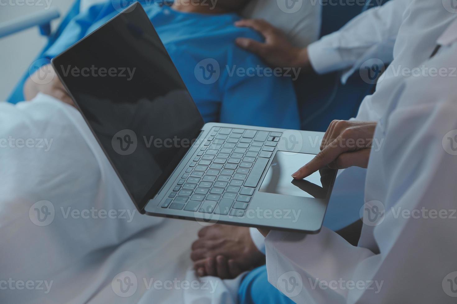 Injured patient showing doctor broken wrist and arm with bandage in hospital office or emergency room. Sprain, stress fracture or repetitive strain injury in hand. Nurse helping customer. First aid. photo