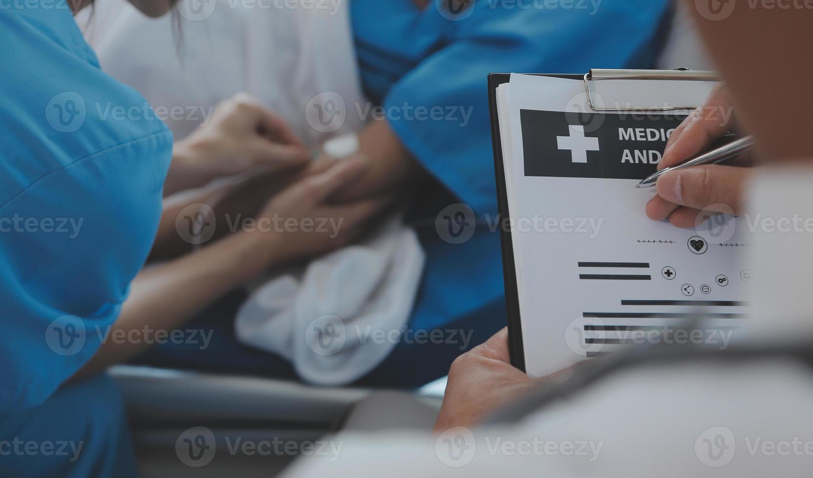 Injured patient showing doctor broken wrist and arm with bandage in hospital office or emergency room. Sprain, stress fracture or repetitive strain injury in hand. Nurse helping customer. First aid. photo