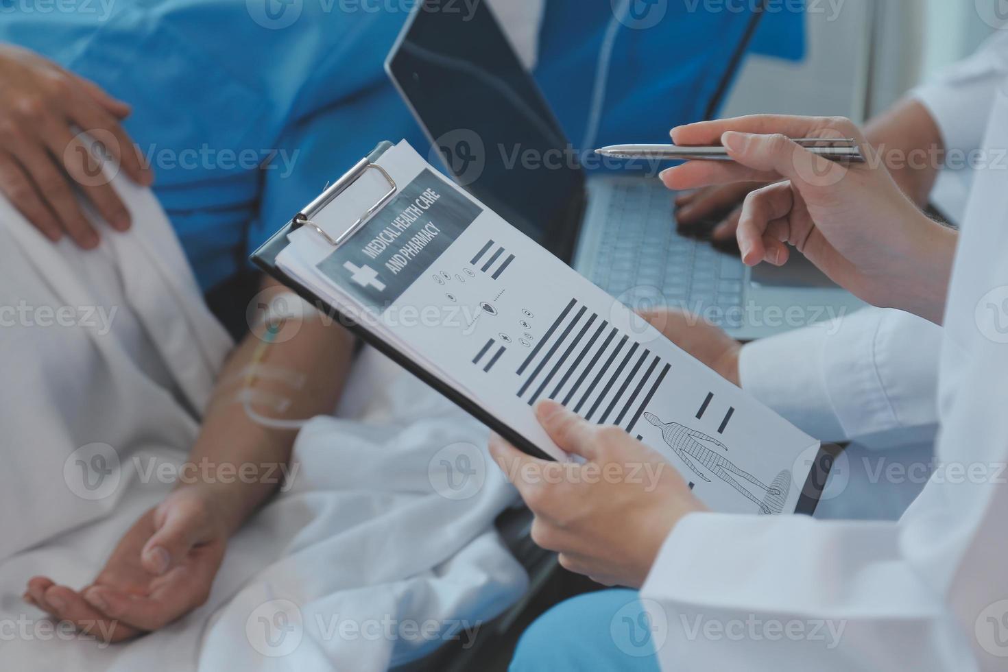 Injured patient showing doctor broken wrist and arm with bandage in hospital office or emergency room. Sprain, stress fracture or repetitive strain injury in hand. Nurse helping customer. First aid. photo