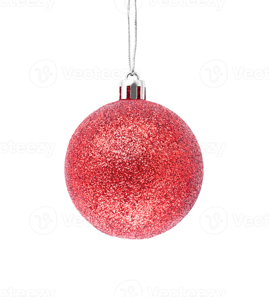 Hanging red glitter Christmas bauble isolated on transparent background. Stock photo png