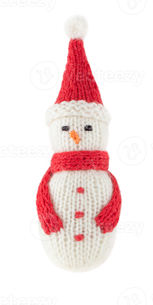Knitted Christmas snowman in red hat and scarf isolated on transparent background. Stock photo png